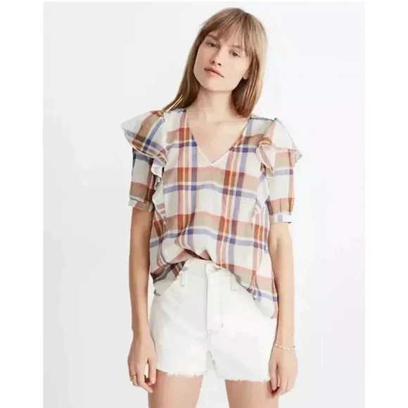 Madewell V-Neck Shoulder-Ruffle Top XL Plaid Cotton Lightweight Summer - Picture 2 of 12